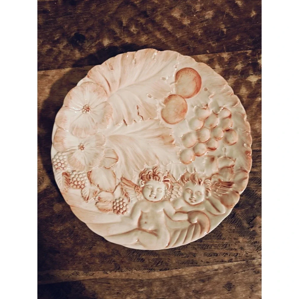Horchow Cherub Pink and‎ White Decorative Ceramic Plates Set Of 8 EUC